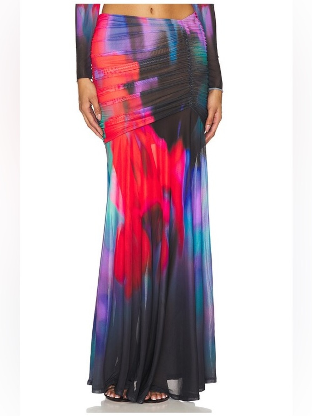 AFRM Black Maxi Skirt with Red, Purple and Teal Abstract Print